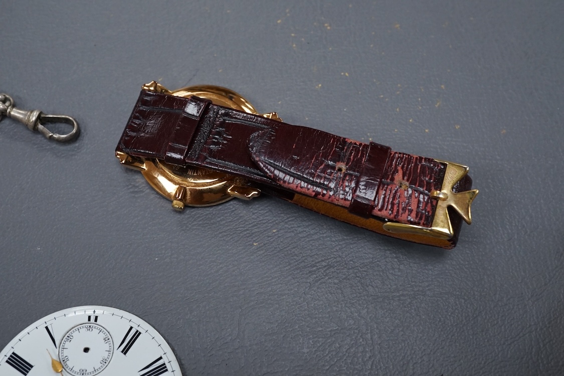 A late Victorian silver open faced keywind pocket watch, together with a Waltham gold plated pocket watch and six other items.